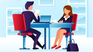 Employee contender woman and impressed employer interviewer. Job interview, meet at table cartoon vector concept